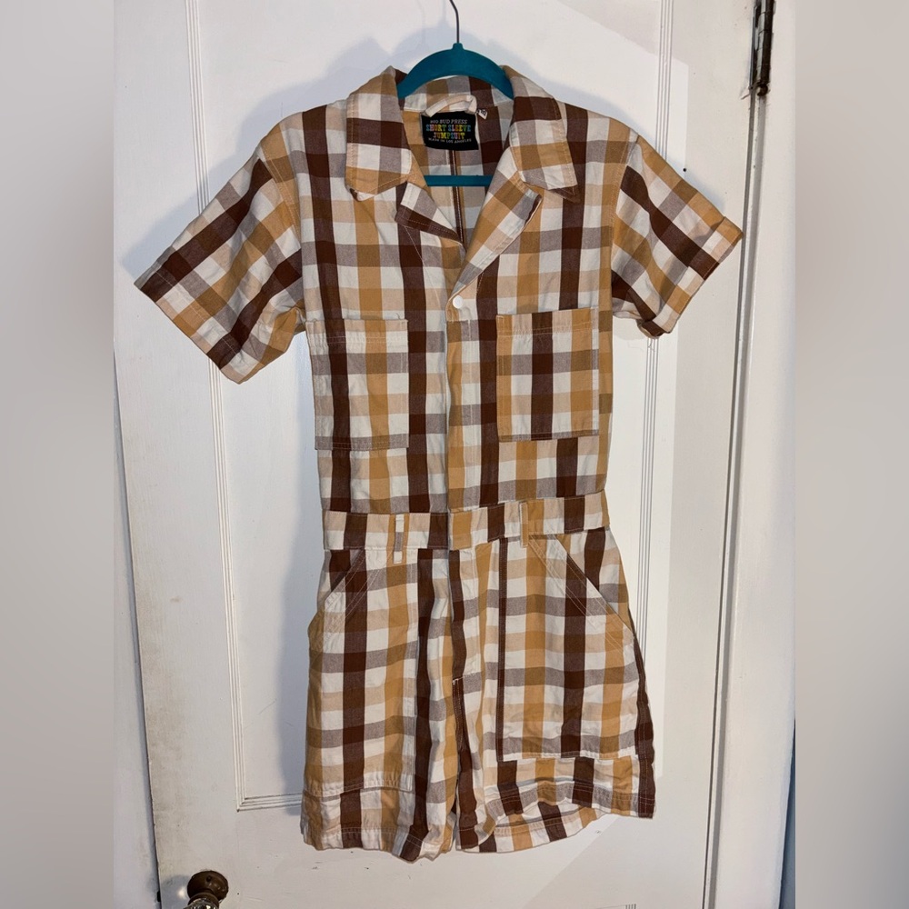 Big Bud Press Gingham Short Sleeve Jumper Brown Tan White Size Medium USA - Picture 3 of 10